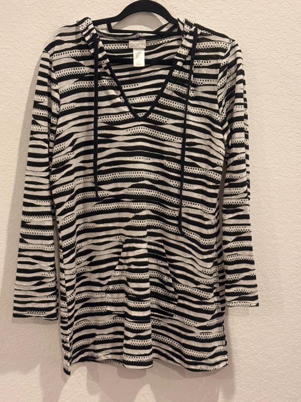 Dotti Black & White Striped V-Neck Hooded‎ Top with Kangaroo Pocket